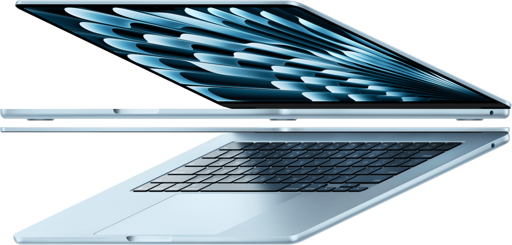 Two open MacBook Air laptops in Sky Blue color forming arrow shape, emphasizing narrow profile