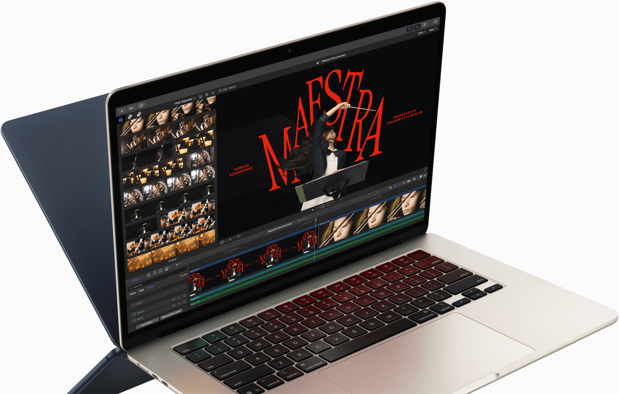 MacBook Air showing video editing in Final Cut Pro to demonstrate M4 chip capabilities — the back of a second MacBook Air appears behind the first, looking like a mirror image