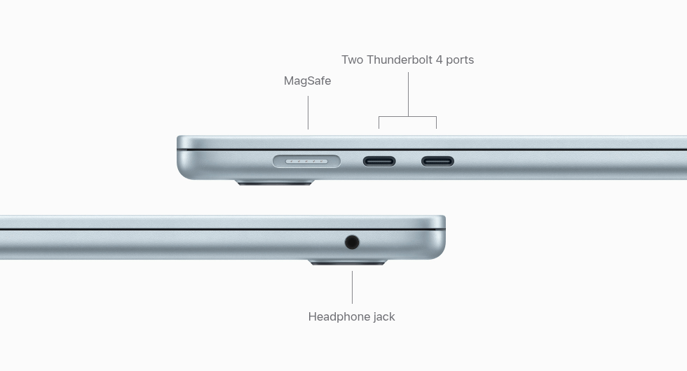 MacBook Air with MagSafe port and two Thunderbolt 4 ports and headphone jack.